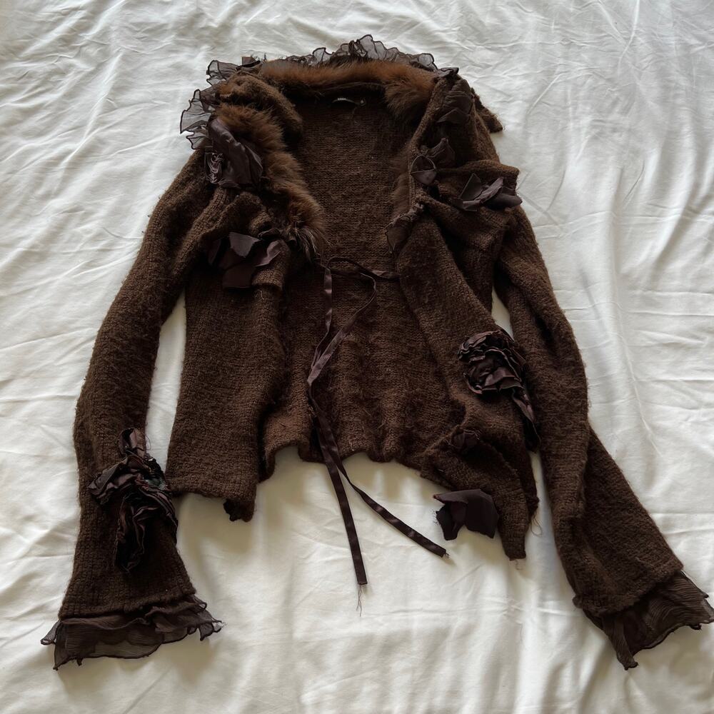 Vintage Brown Rabbit Fur Trim Hazel Cardigan Sweater Size M
